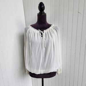 Express Shirt Top Blouse Womens  Ivory Long Sleeve Sheer Tie Neck Sz S